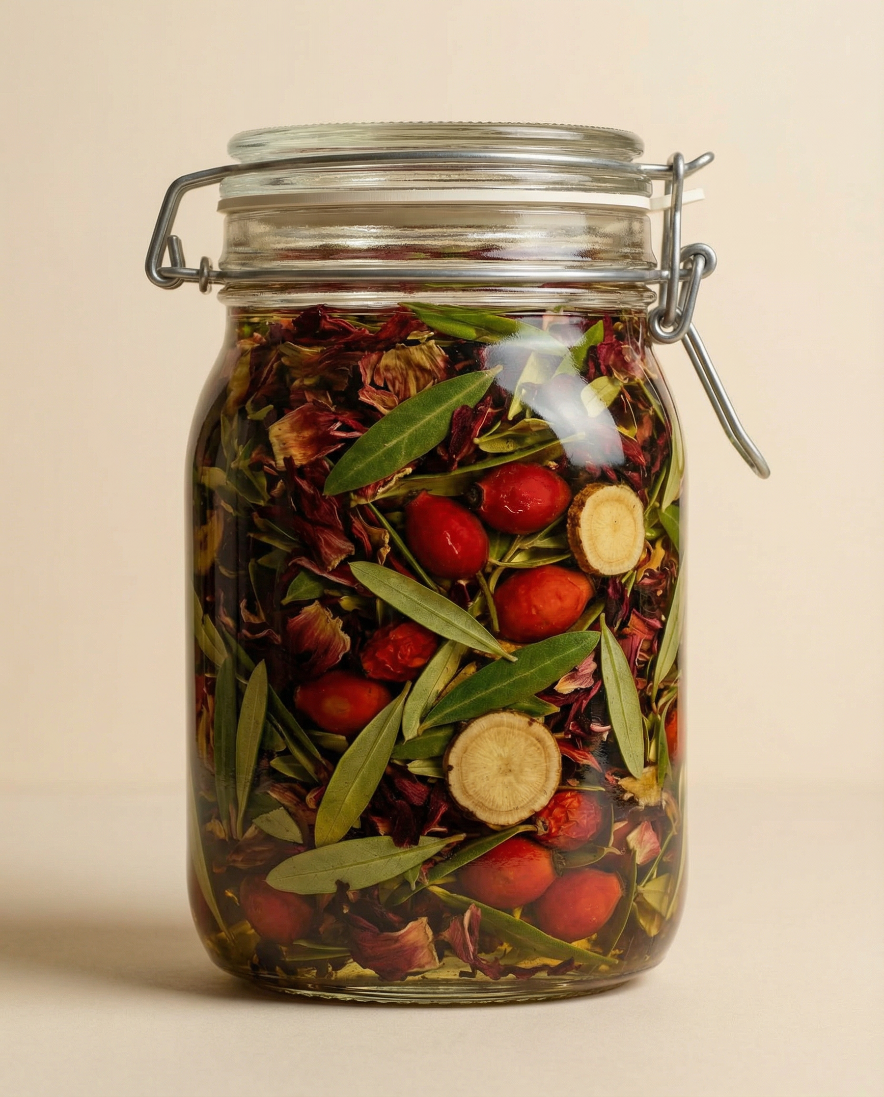 Large glass mason jar filled with botanical infusion